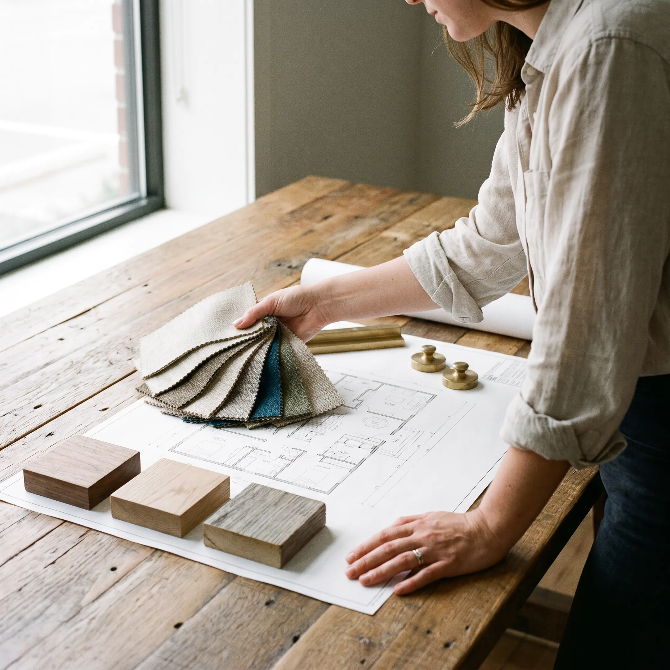 Interior designer reviewing floor plans and material swatches for a home makeover