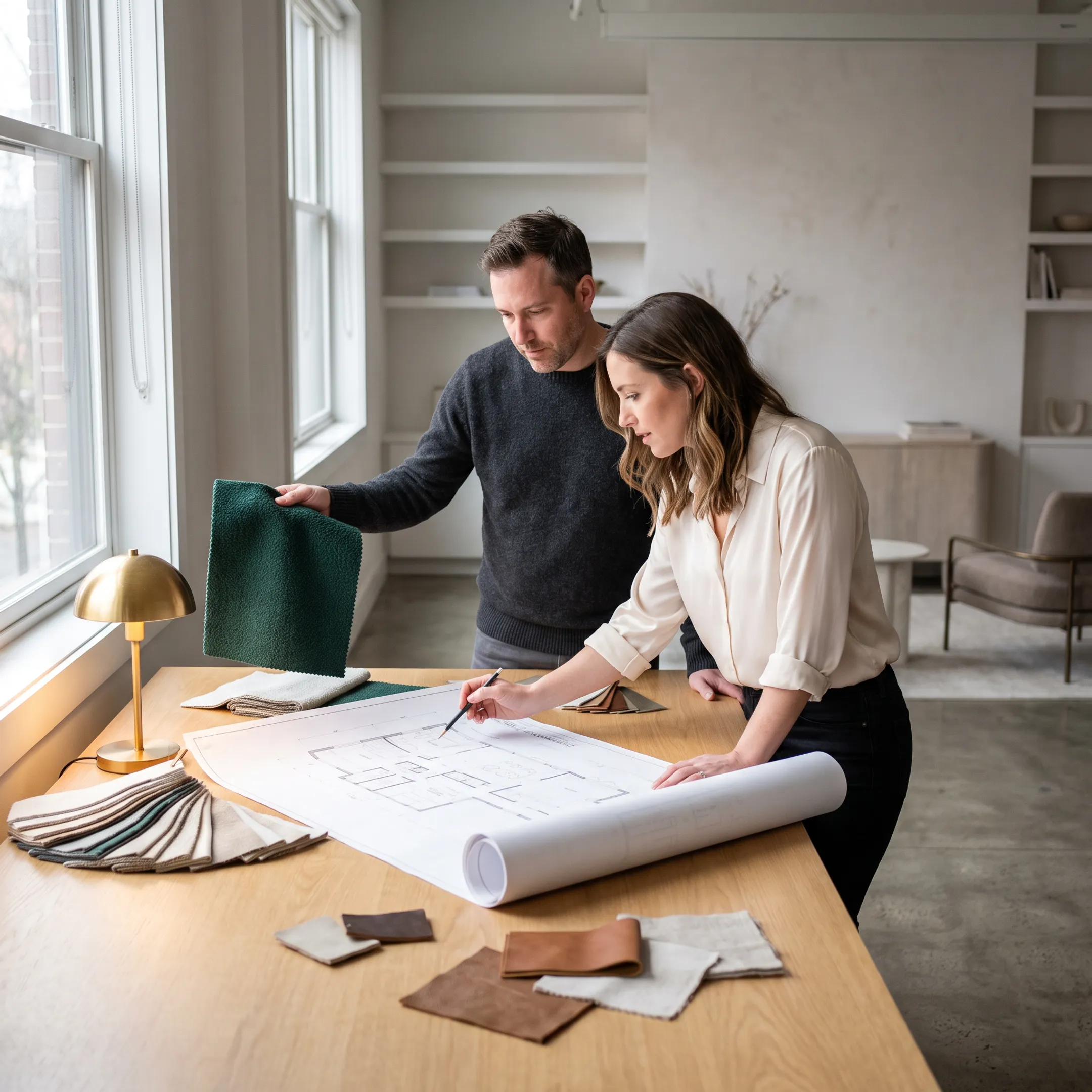 Interior designers reviewing blueprints and custom fabric swatches