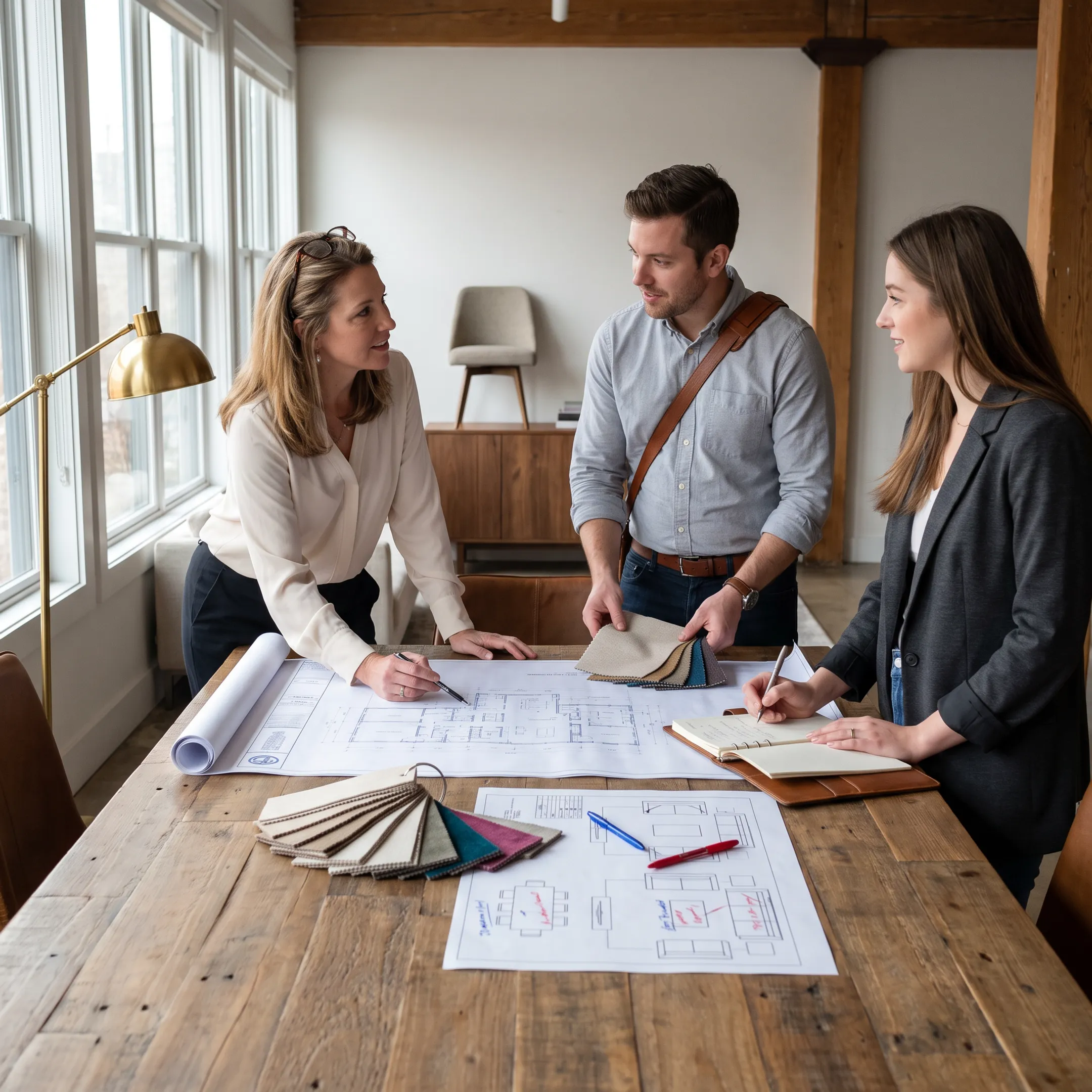 Interior designer reviewing architectural blueprints and spatial layouts