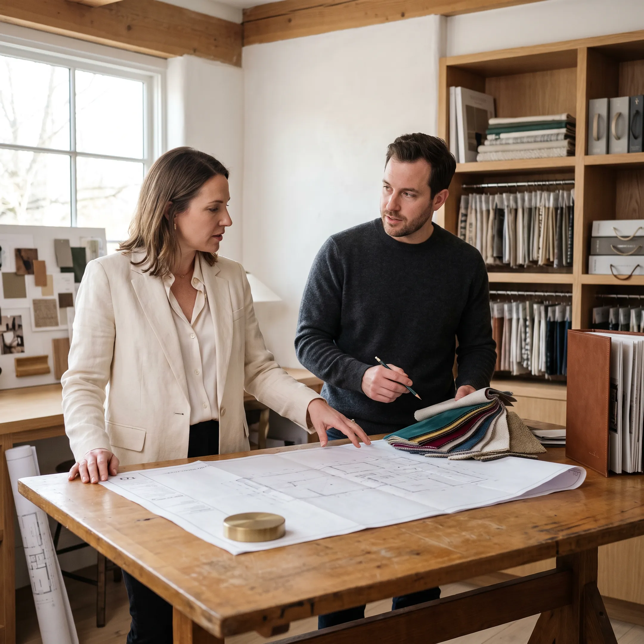 Interior designers reviewing blueprints and custom fabric swatches for a home remodel