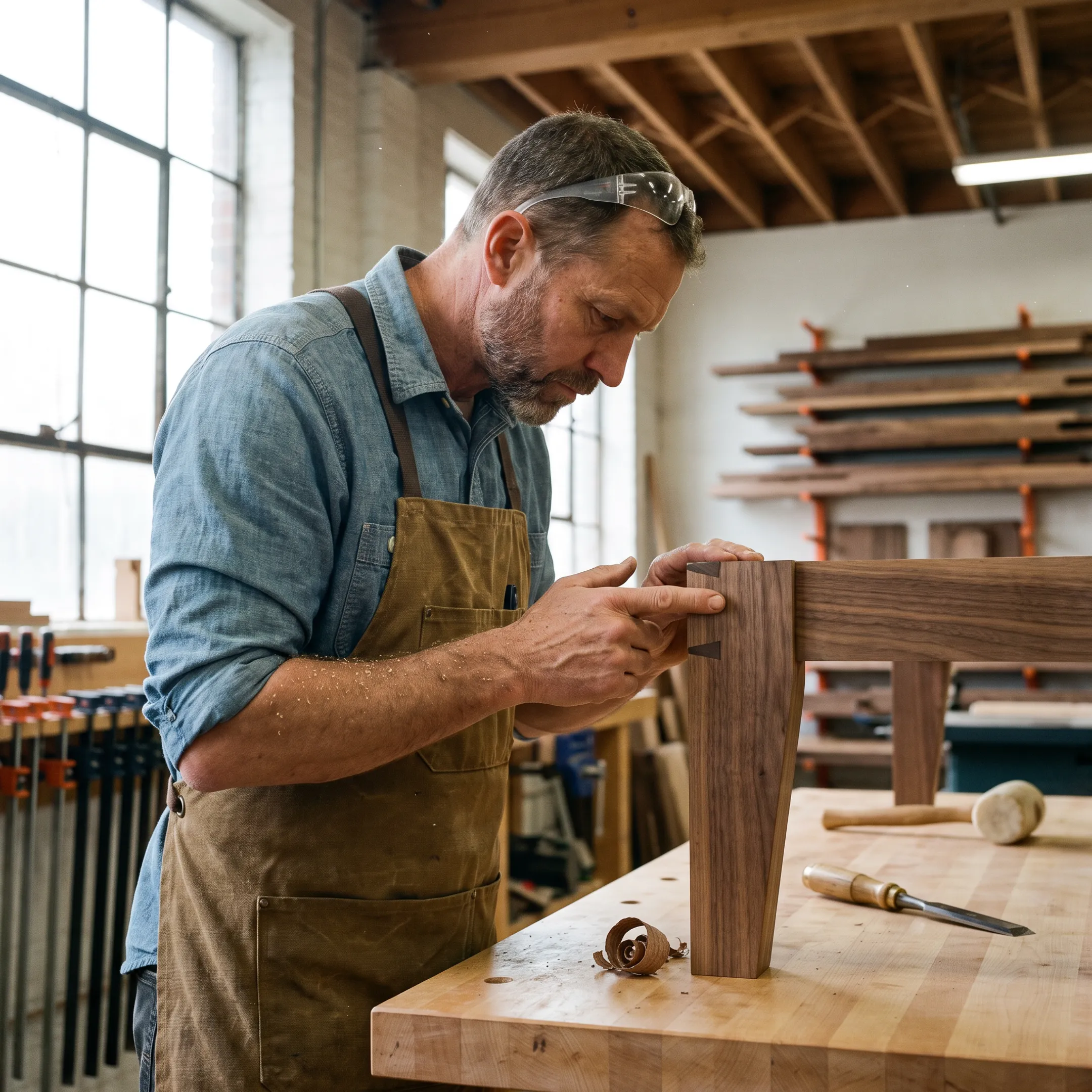 Artisan inspecting handcrafted custom wood furniture