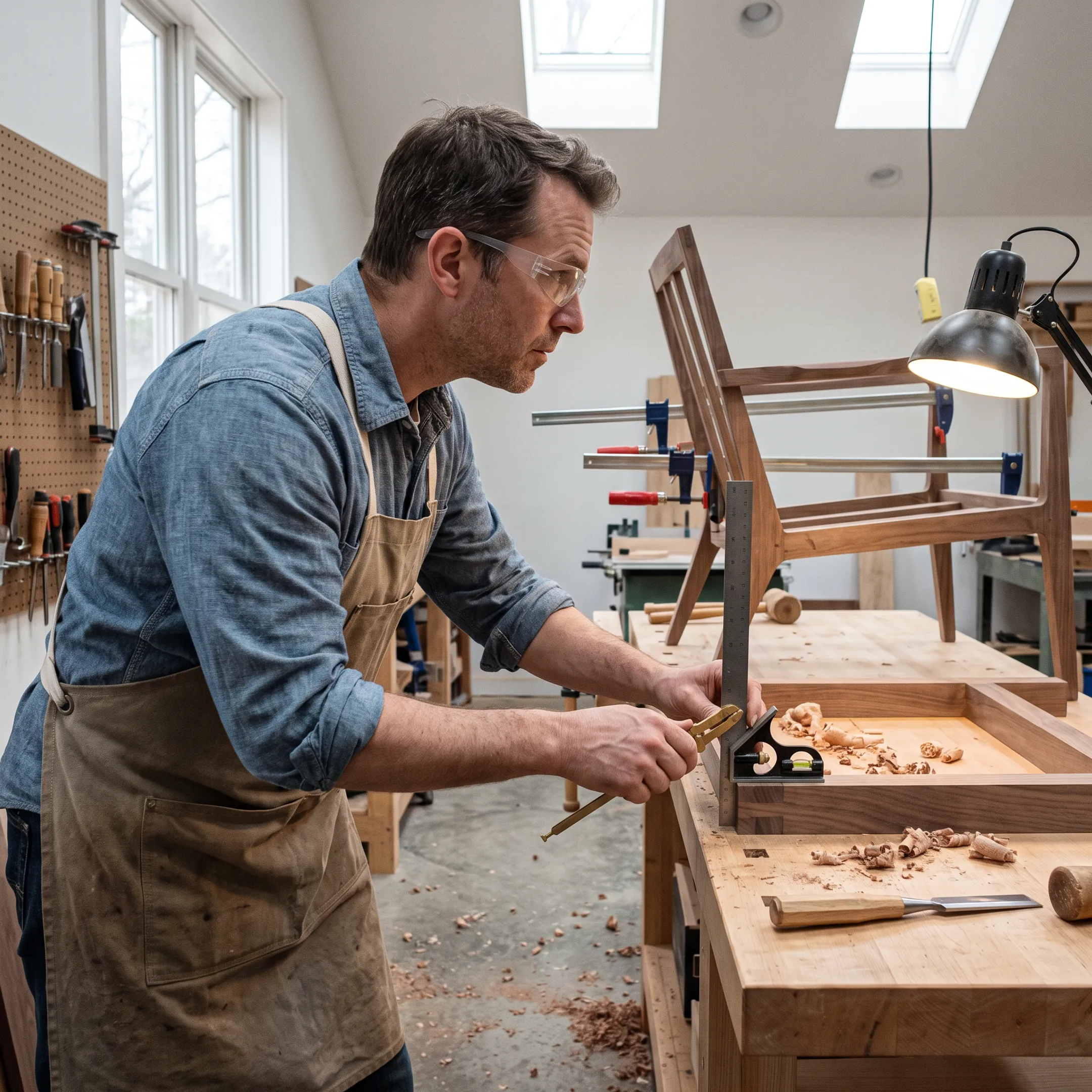 Artisan assembling custom solid wood furniture in a design workshop