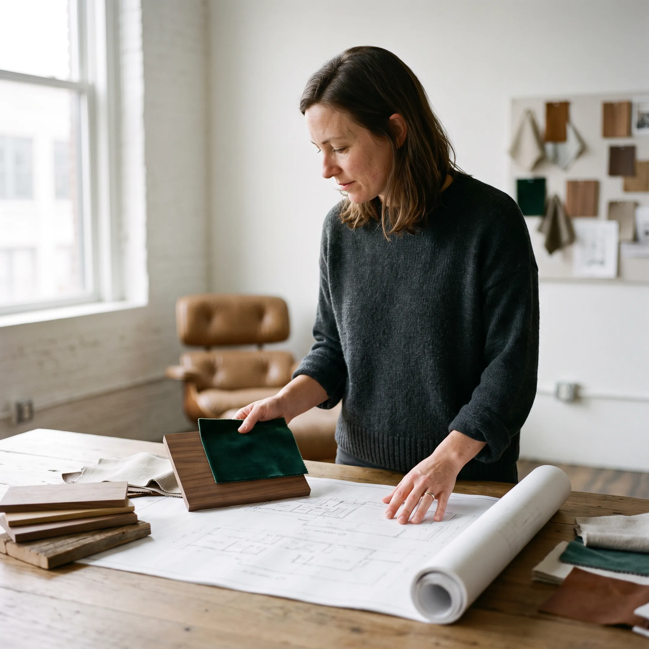 Interior designer reviewing architectural blueprints and fabric samples