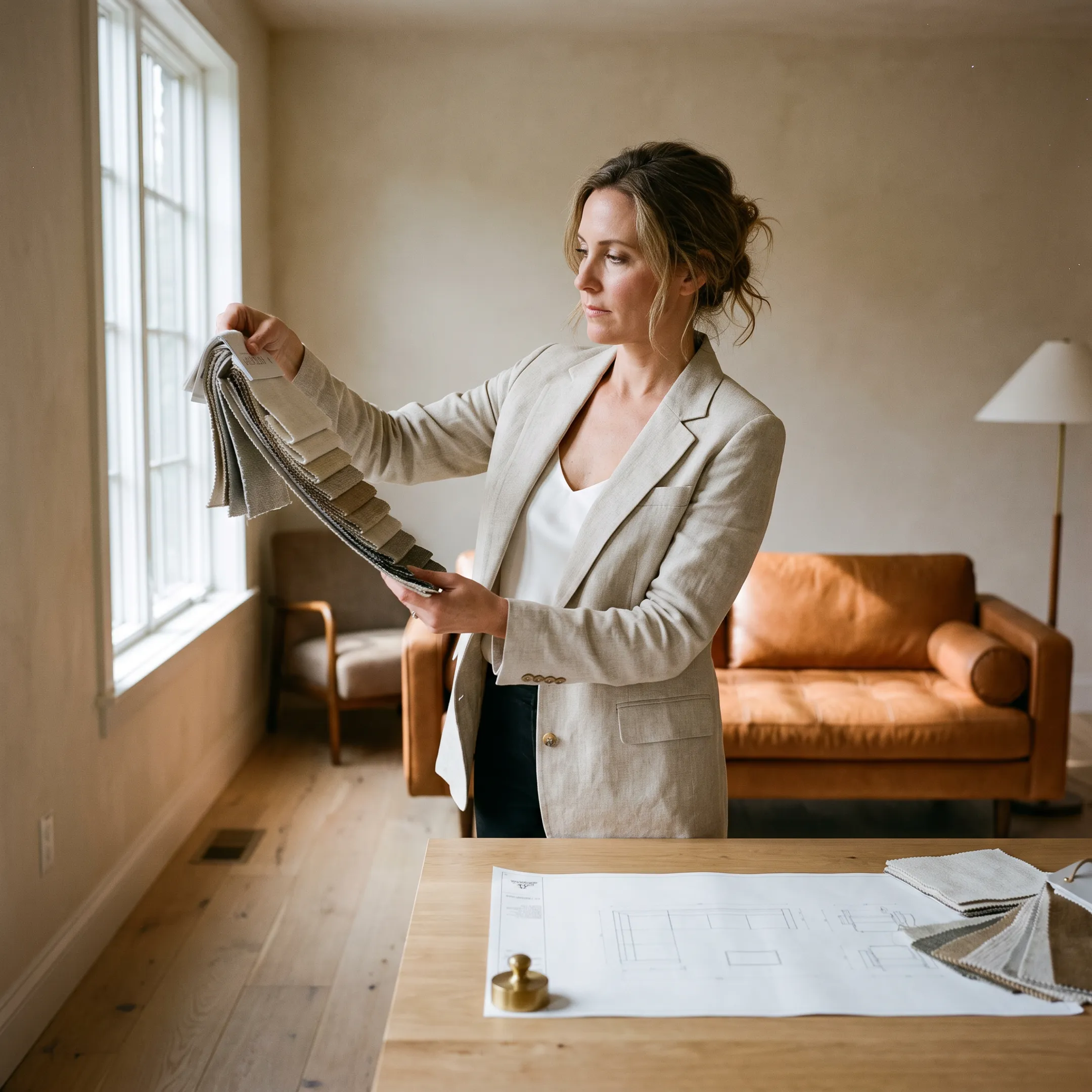 Interior designer reviewing custom upholstery fabric swatches and sofa blueprints with clients