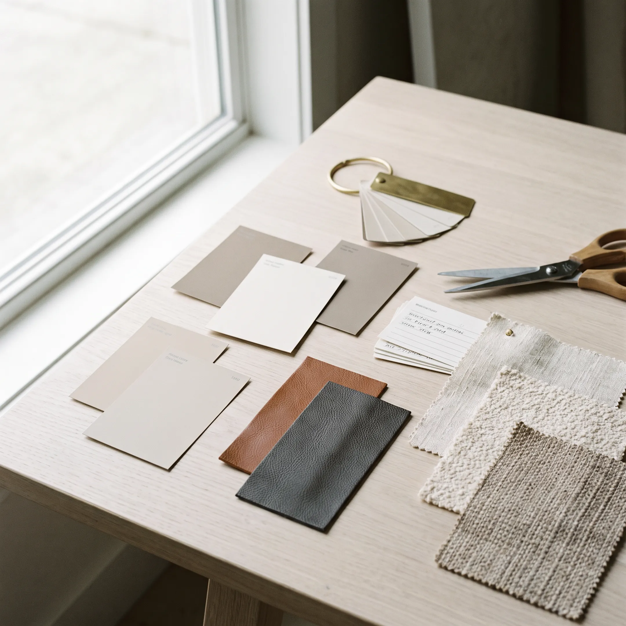 Designer pairing paint swatches with luxury Italian leather and textured textiles