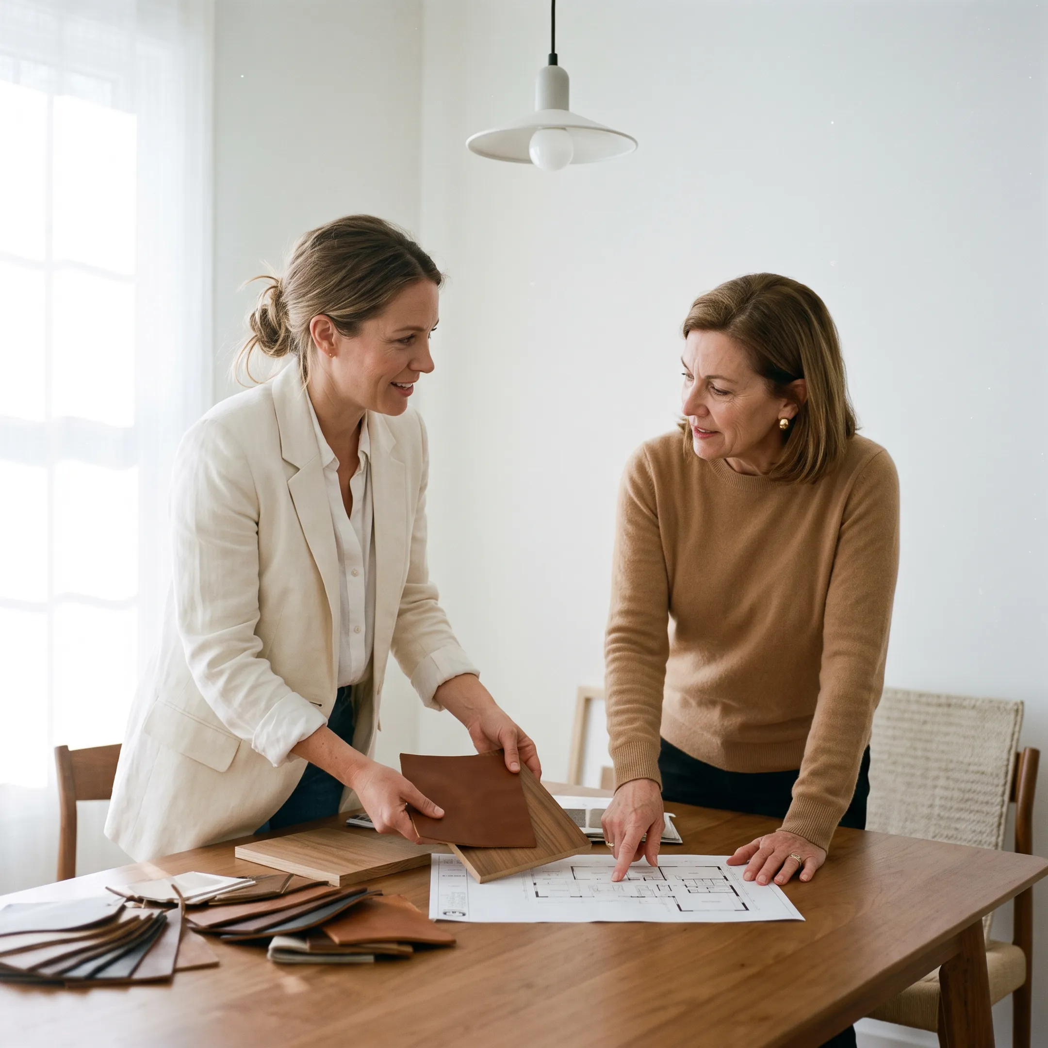 Interior designer reviewing fabric swatches and custom furniture plans in a showroom