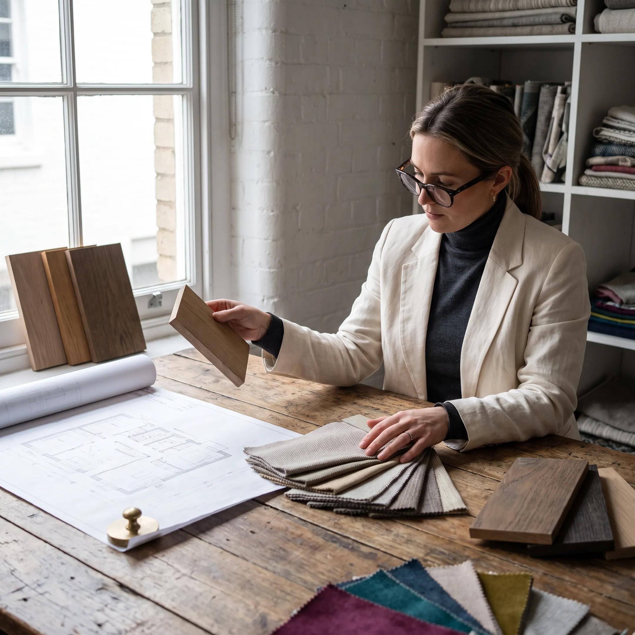 Interior designer reviewing fabric samples and floor plan sketches