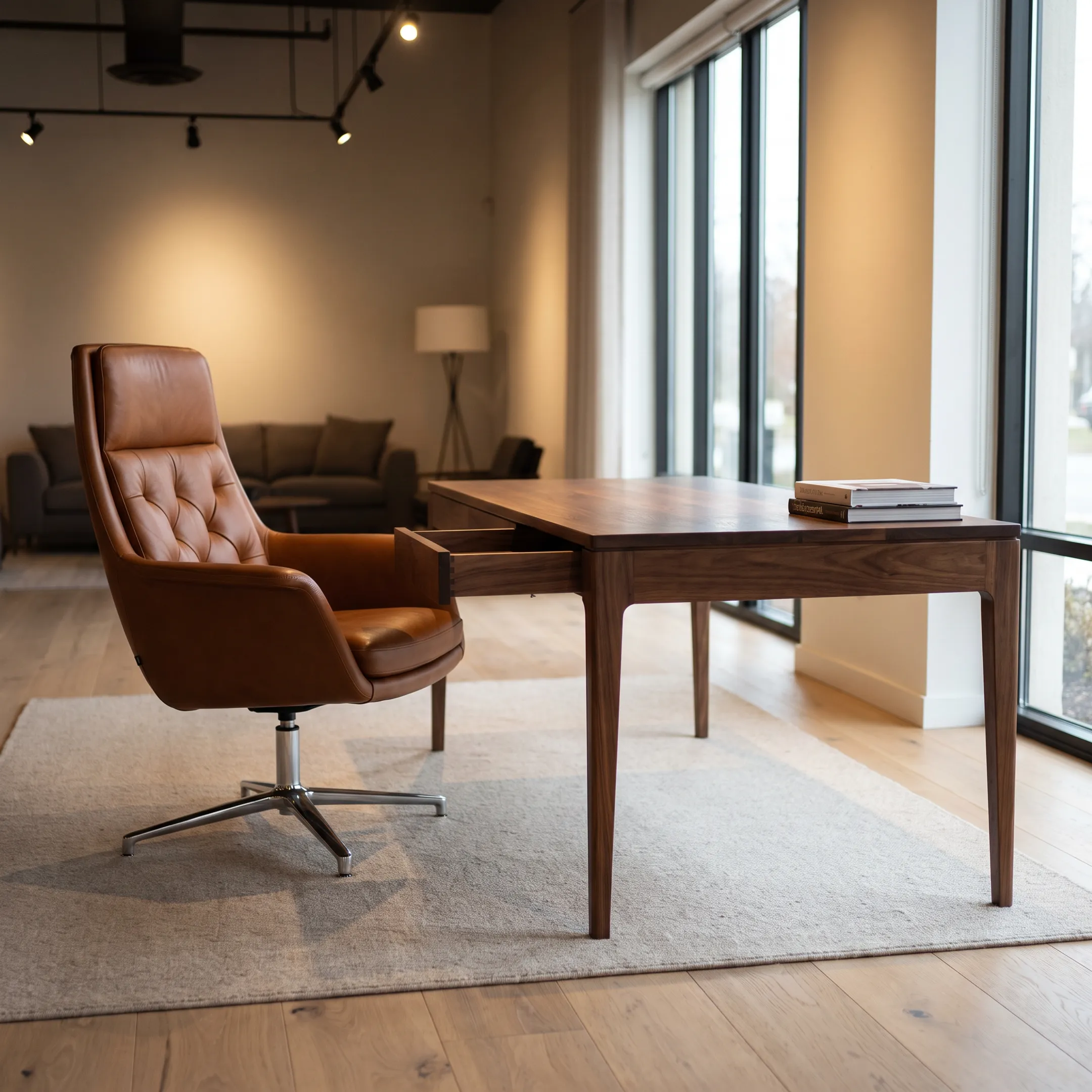 Custom solid wood executive desk and leather seating in a luxury San Diego office showroom