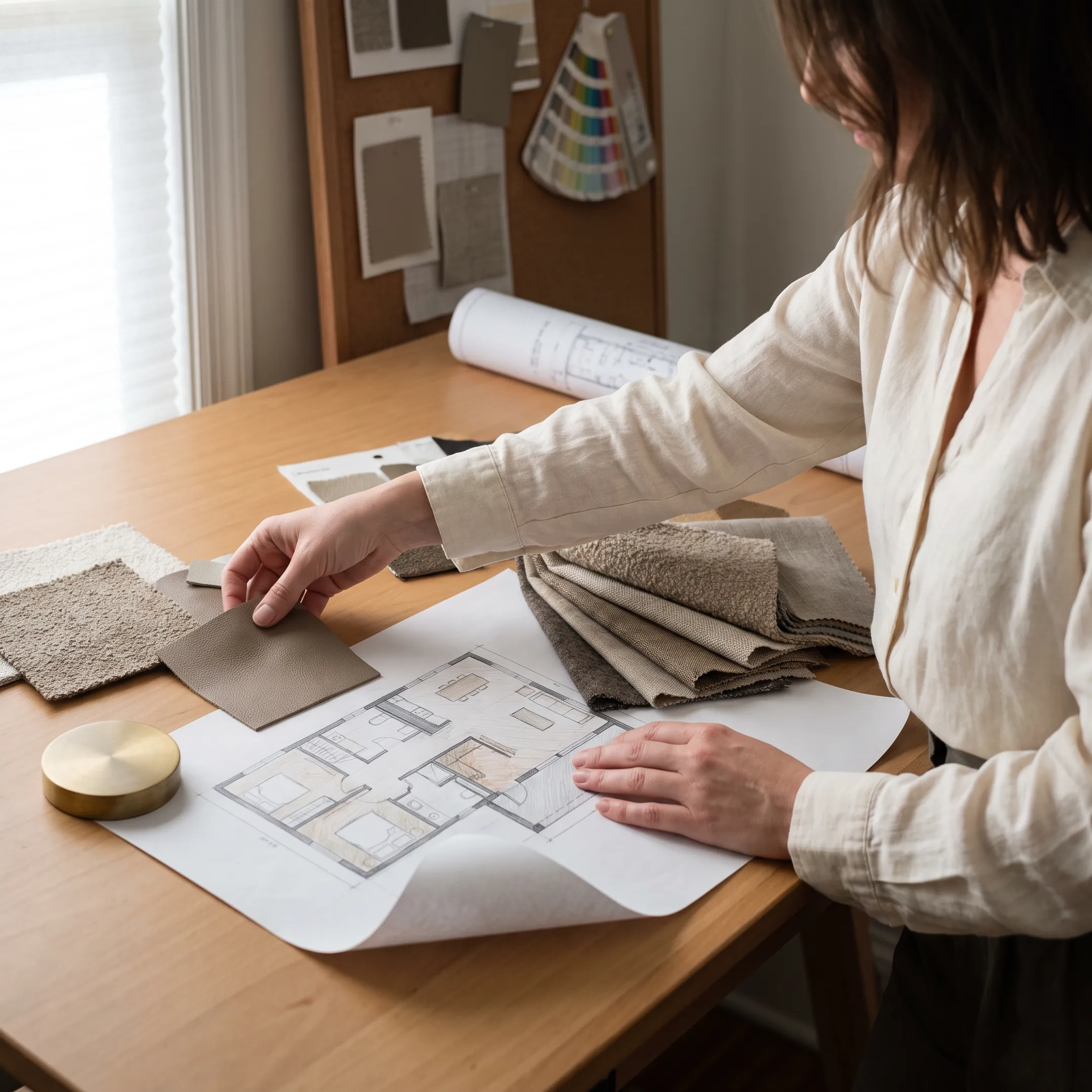 Designer reviewing contemporary fabric swatches and custom furniture plans
