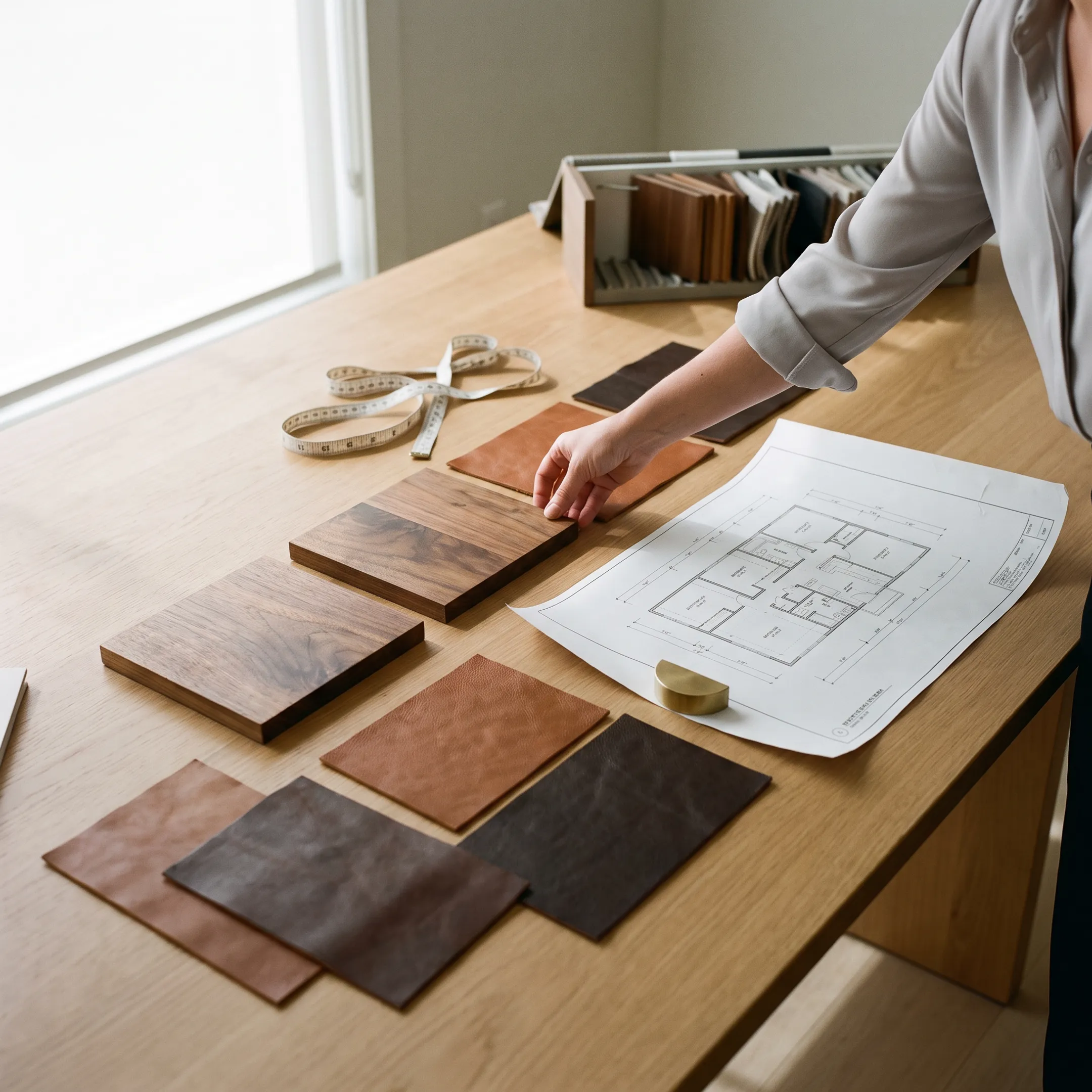 Interior designer discussing fabric swatches and custom furniture plans with clients