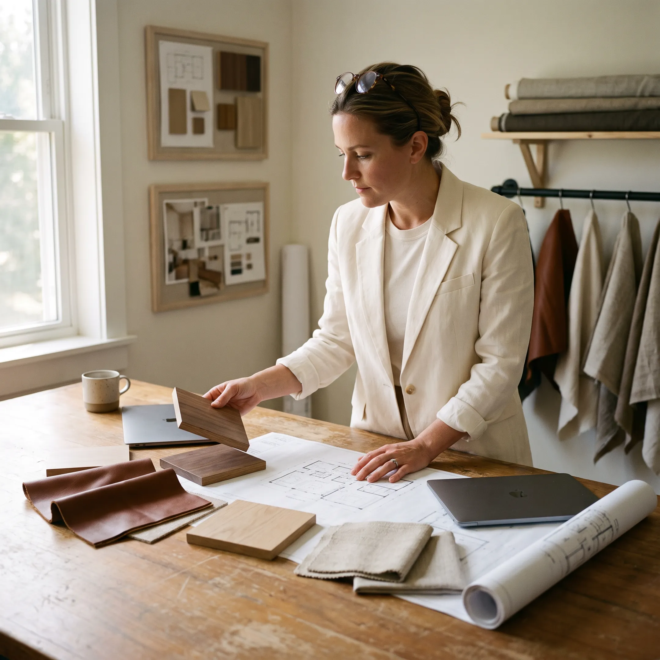 Interior designer reviewing fabric swatches and architectural blueprints in a luxury studio setting
