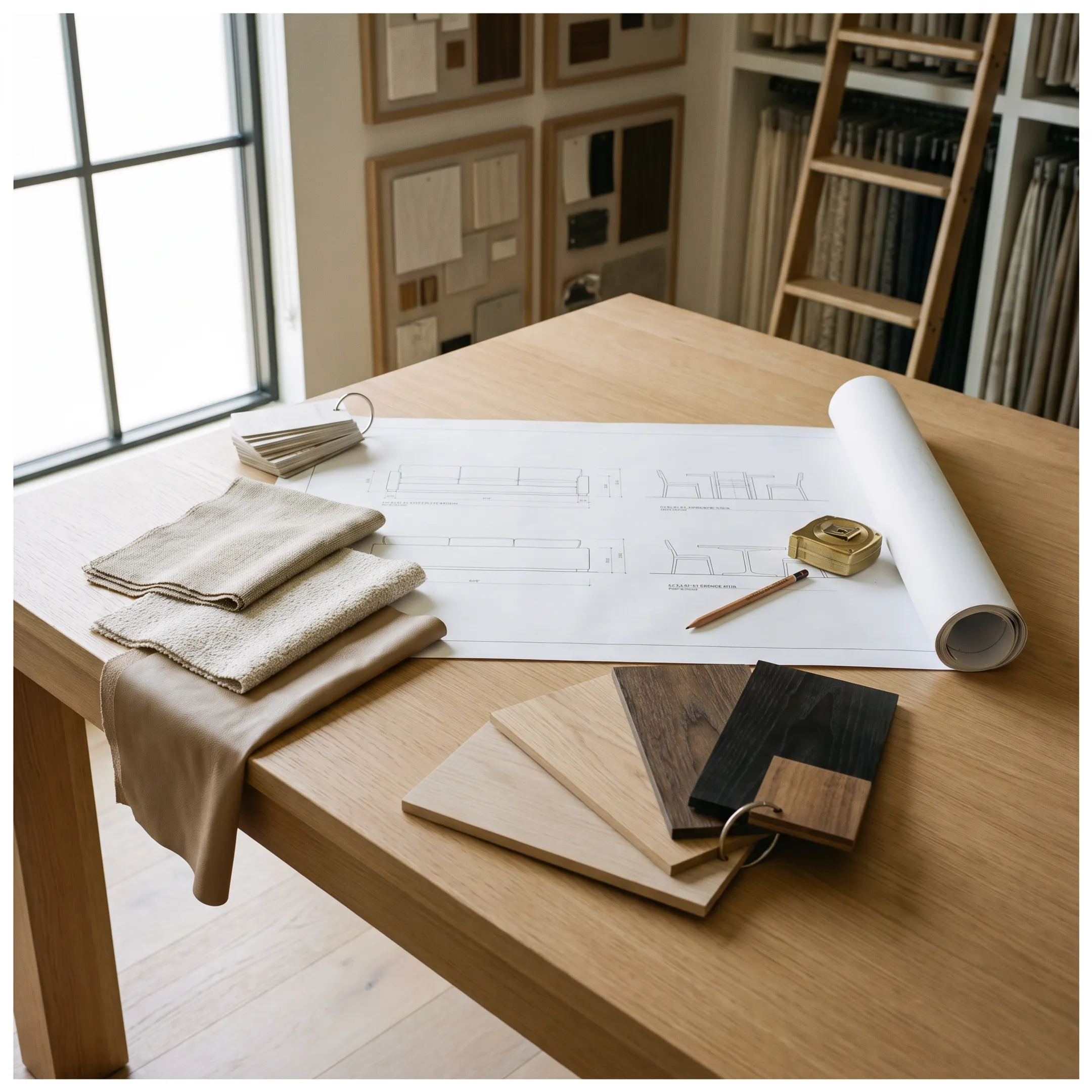 Interior designer reviewing custom upholstery fabric swatches and furniture sketches