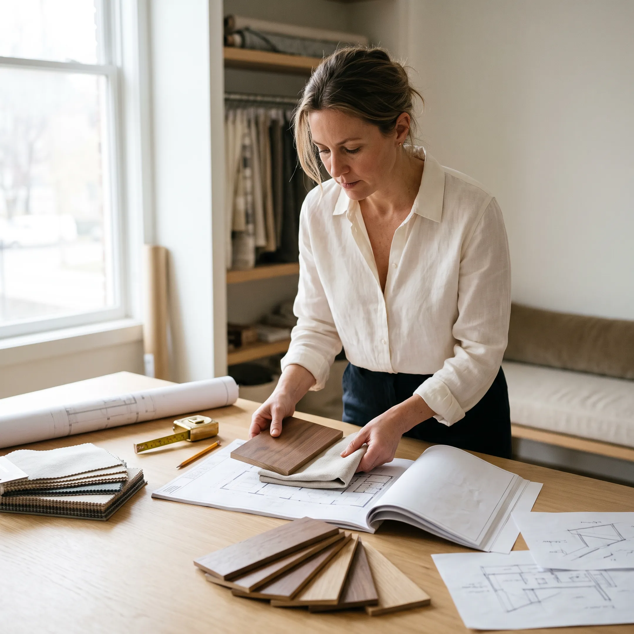 Interior designer reviewing architectural blueprints and fabric samples in a design studio