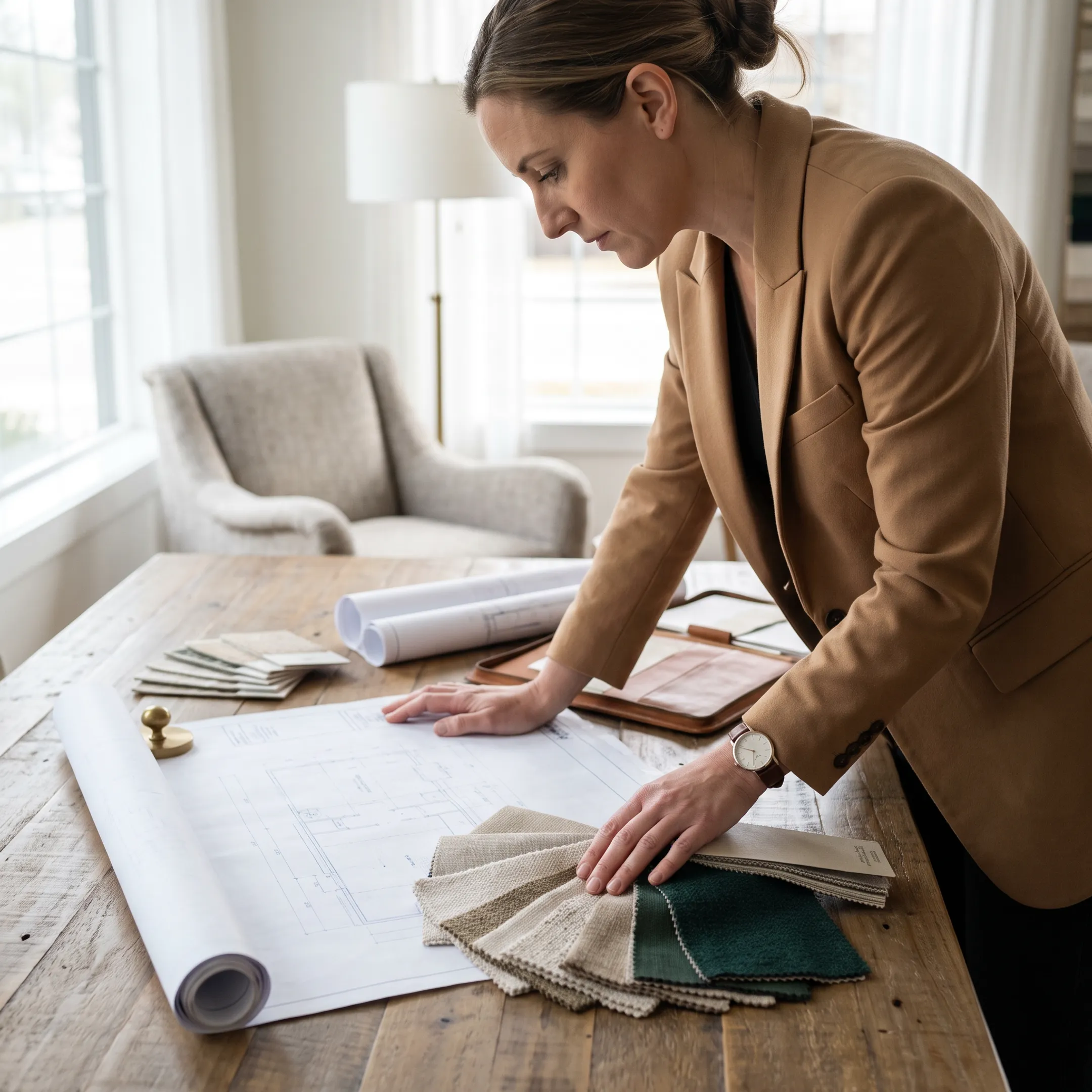 Interior designer reviewing architectural floor plans and furniture swatches