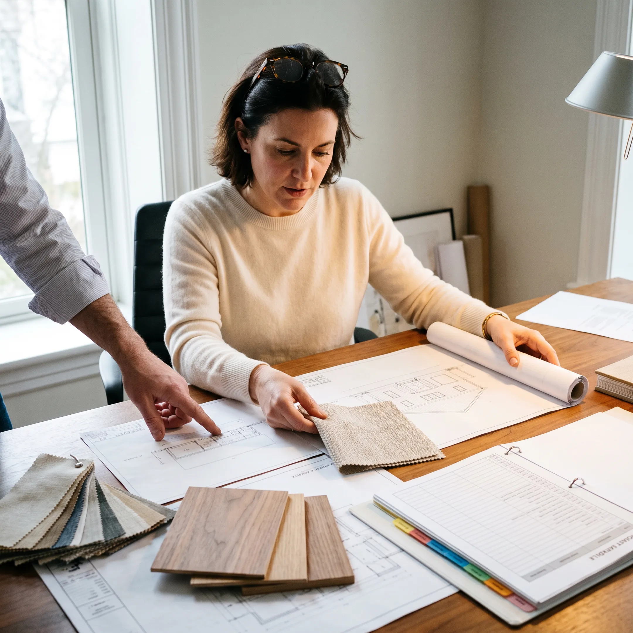 Designer reviewing architectural floor plans and material swatches