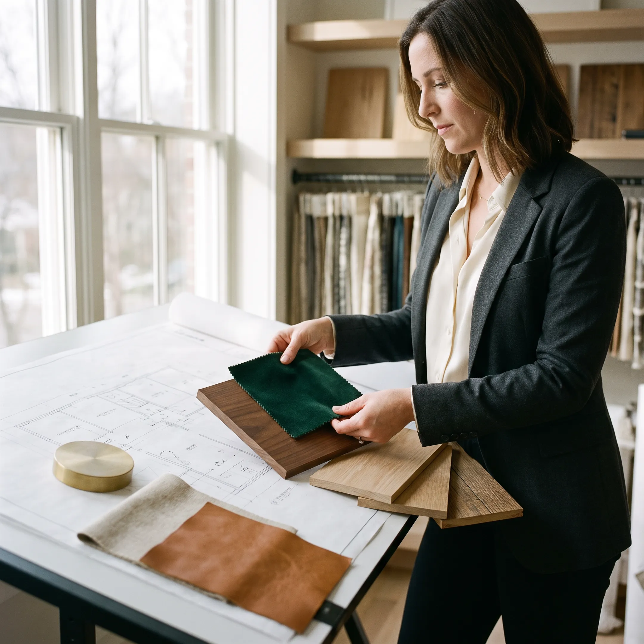 Interior designer reviewing architectural blueprints and custom fabric swatches with clients