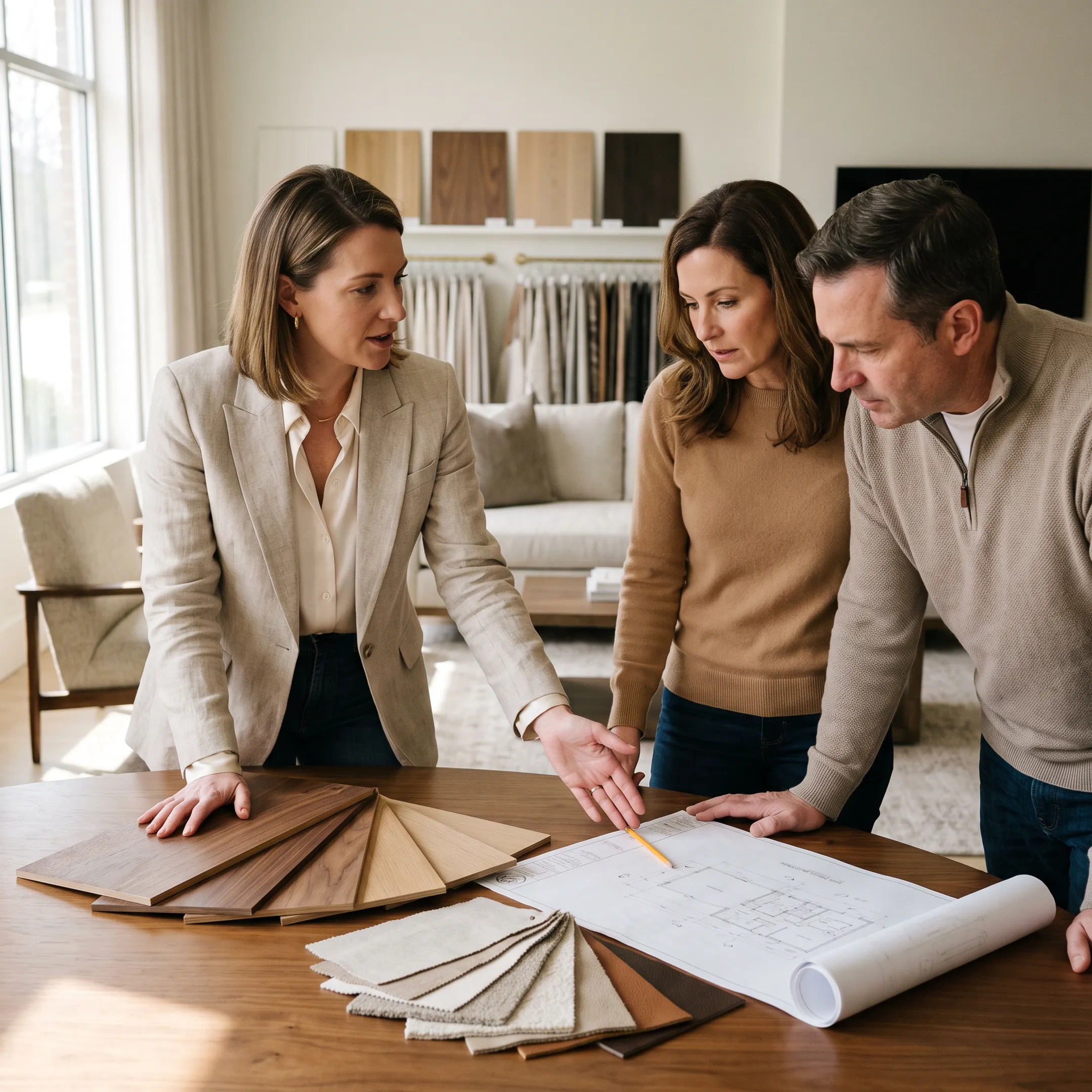 Designer consulting fabric swatches and furniture finishes in a luxury design showroom