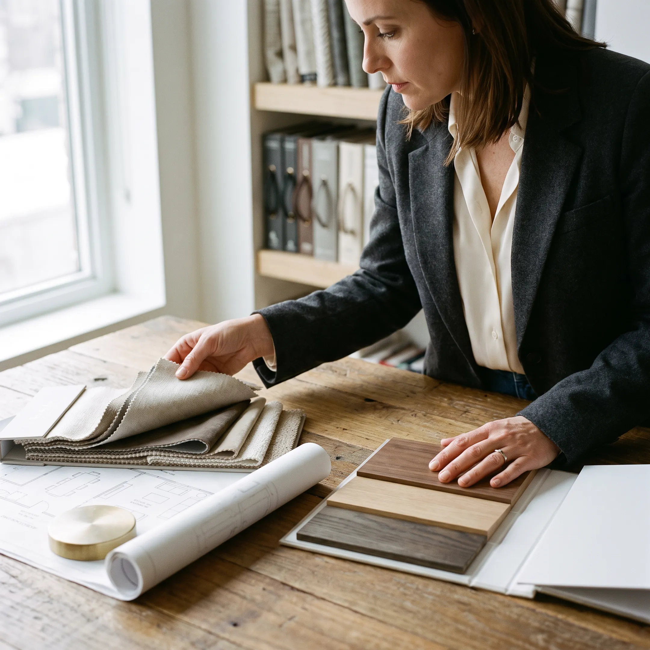Interior designer reviewing architectural blueprints and custom fabric swatches