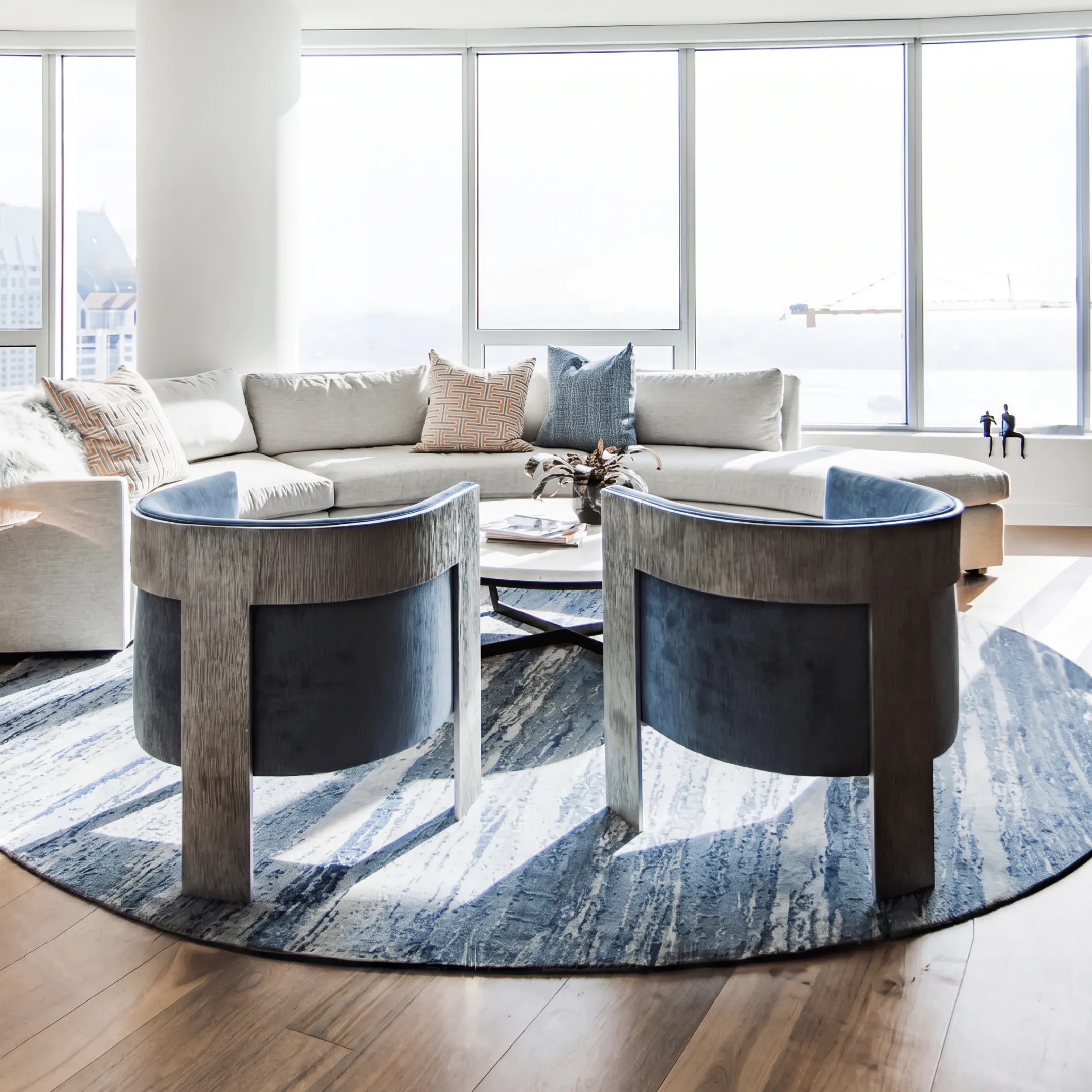 Professionally staged open concept luxury living room with bespoke furniture