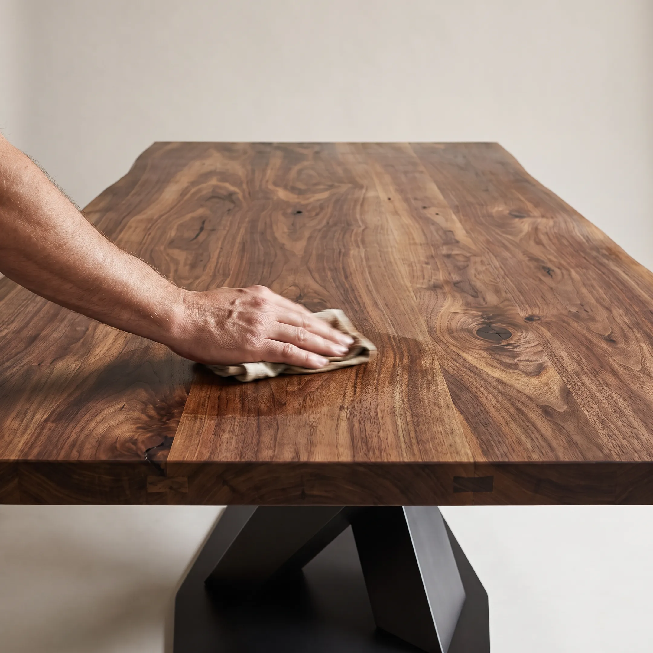 Artisan crafting a custom rustic solid walnut credenza in a bespoke furniture workshop