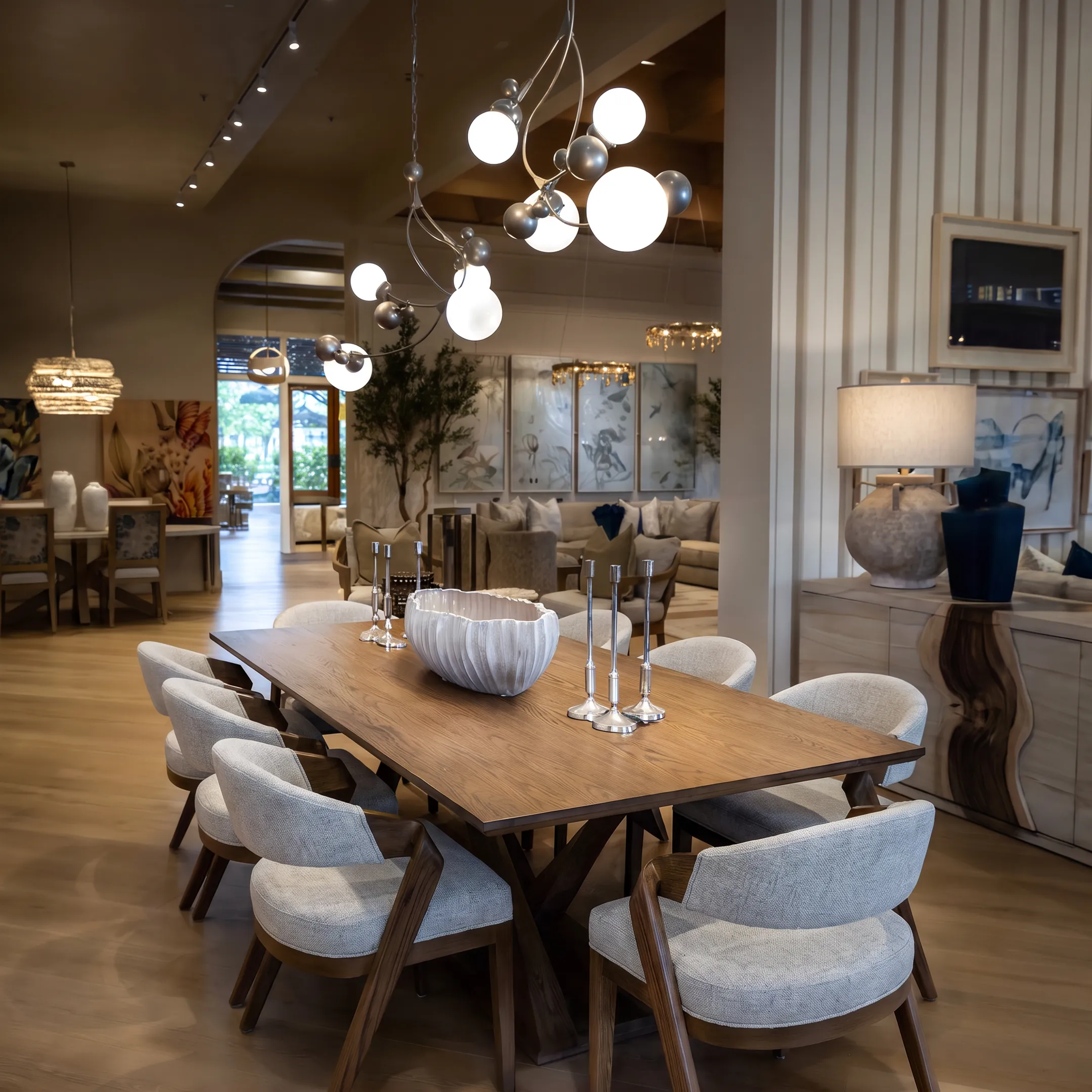 Custom crafted luxury dining table and chairs in a Carlsbad residence