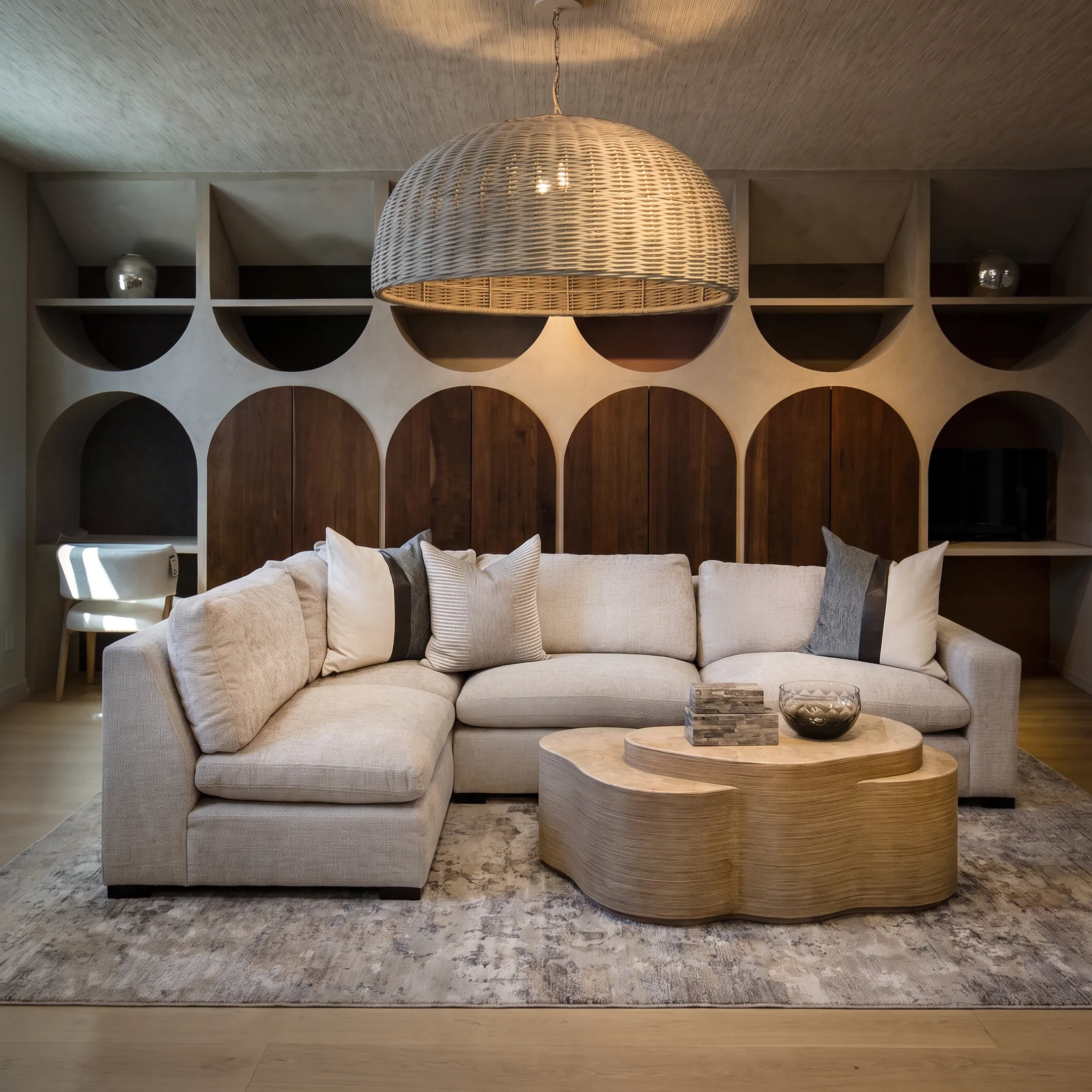 Luxurious styled living room featuring custom handcrafted furniture and elegant decor