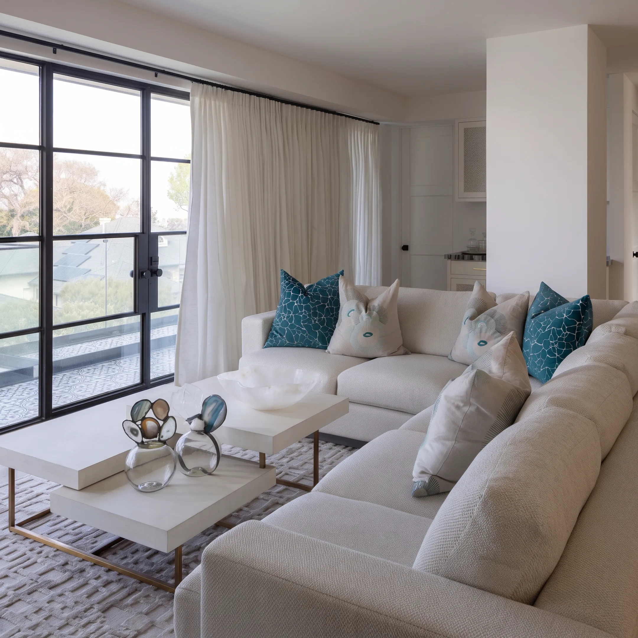 Customizable curved sectional sofa with designer accent pillows
