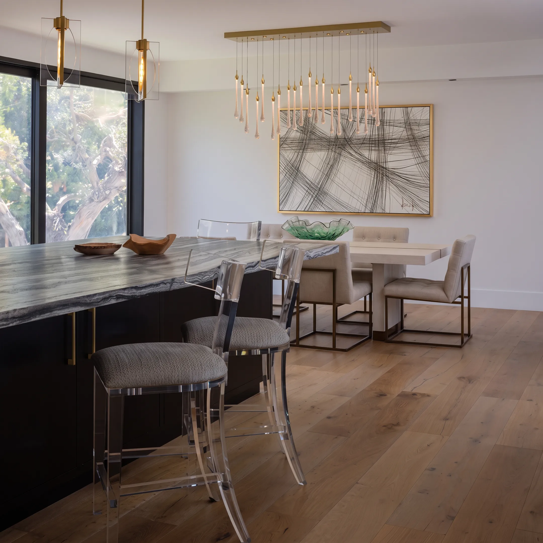 Custom designed dining and living open-concept space featuring premium sustainable materials