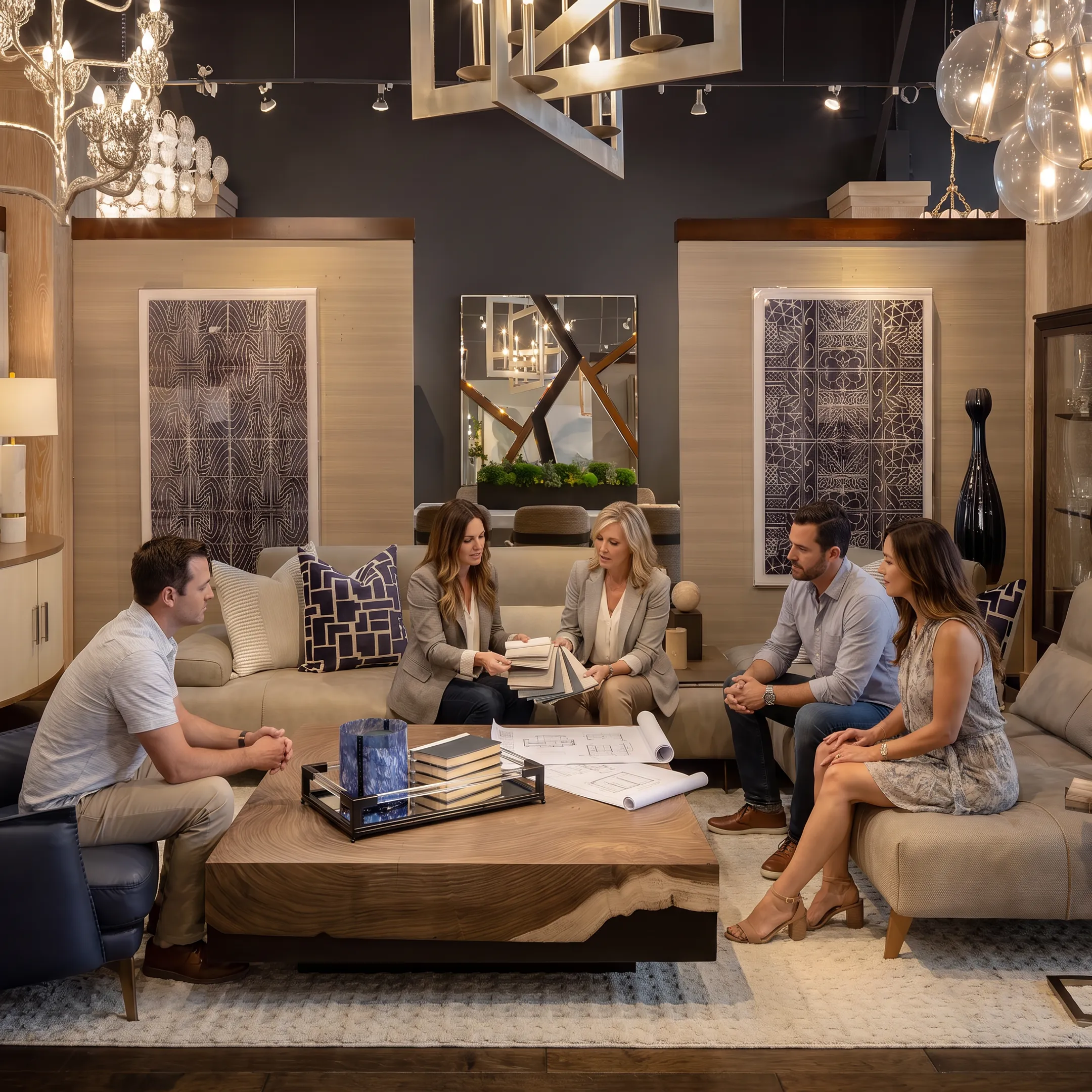 Detailed interior design consultation featuring material swatches