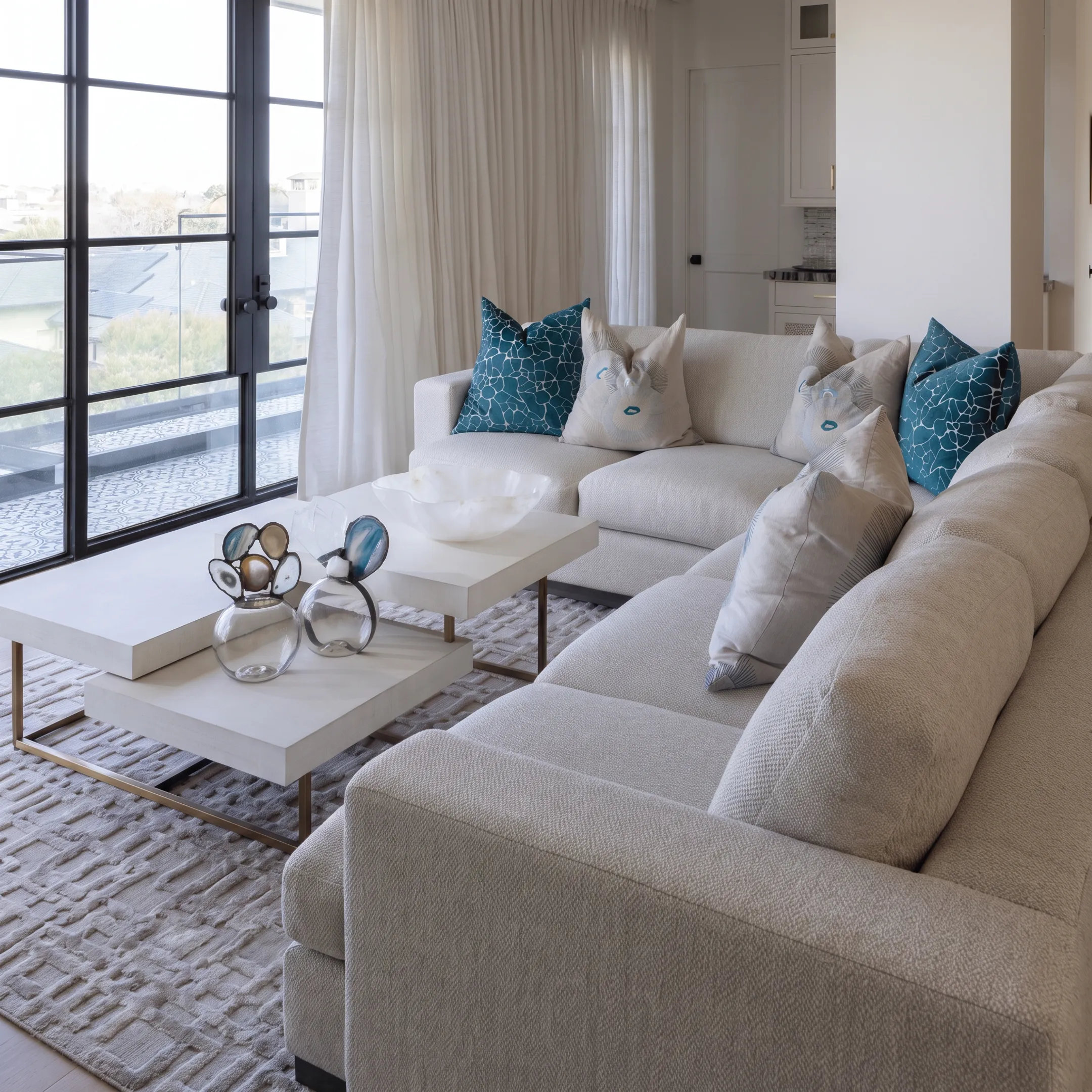 Professional interior designers staging luxury furnishings inside an open-concept California estate