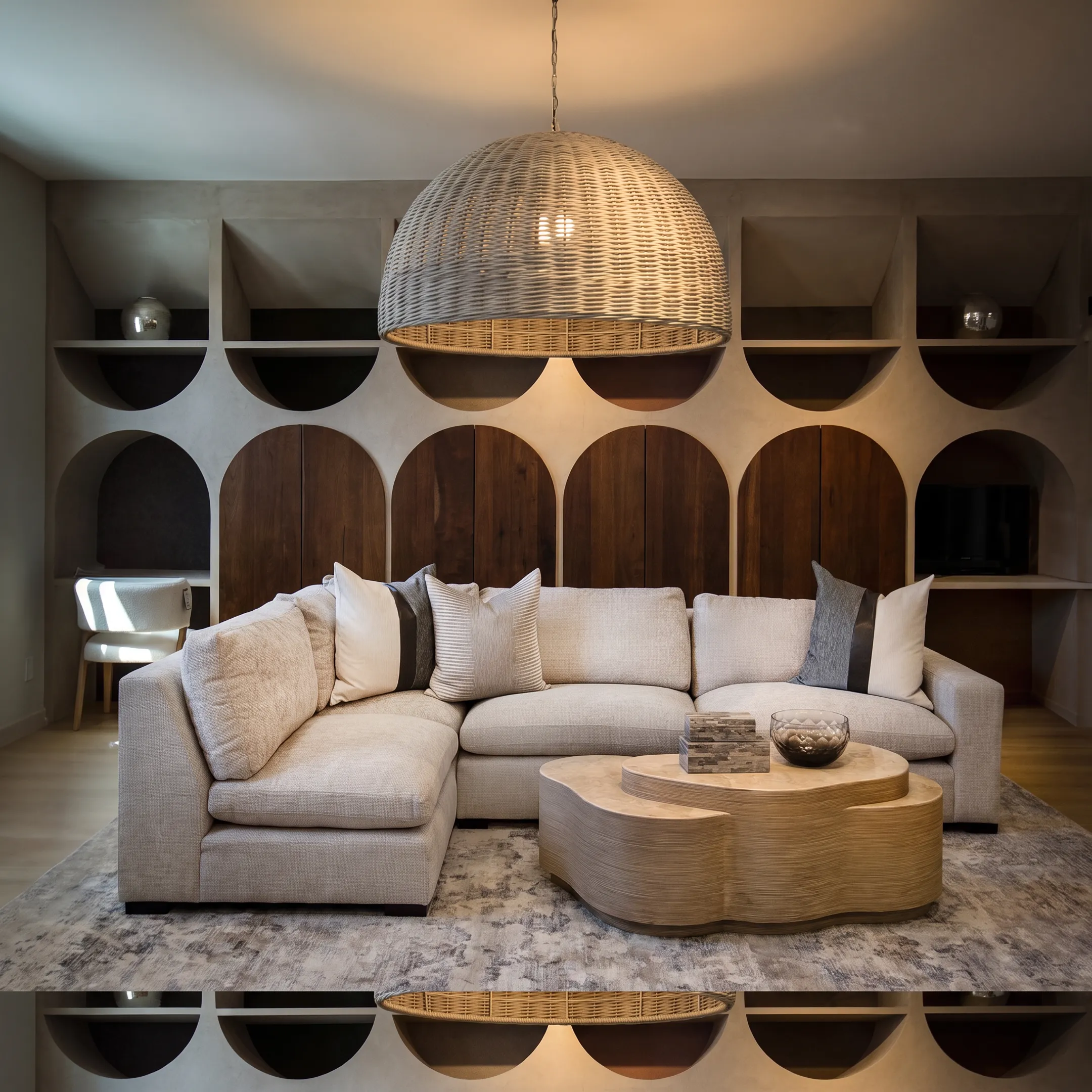 Custom upholstered living room seating arranged in a bright, modern interior