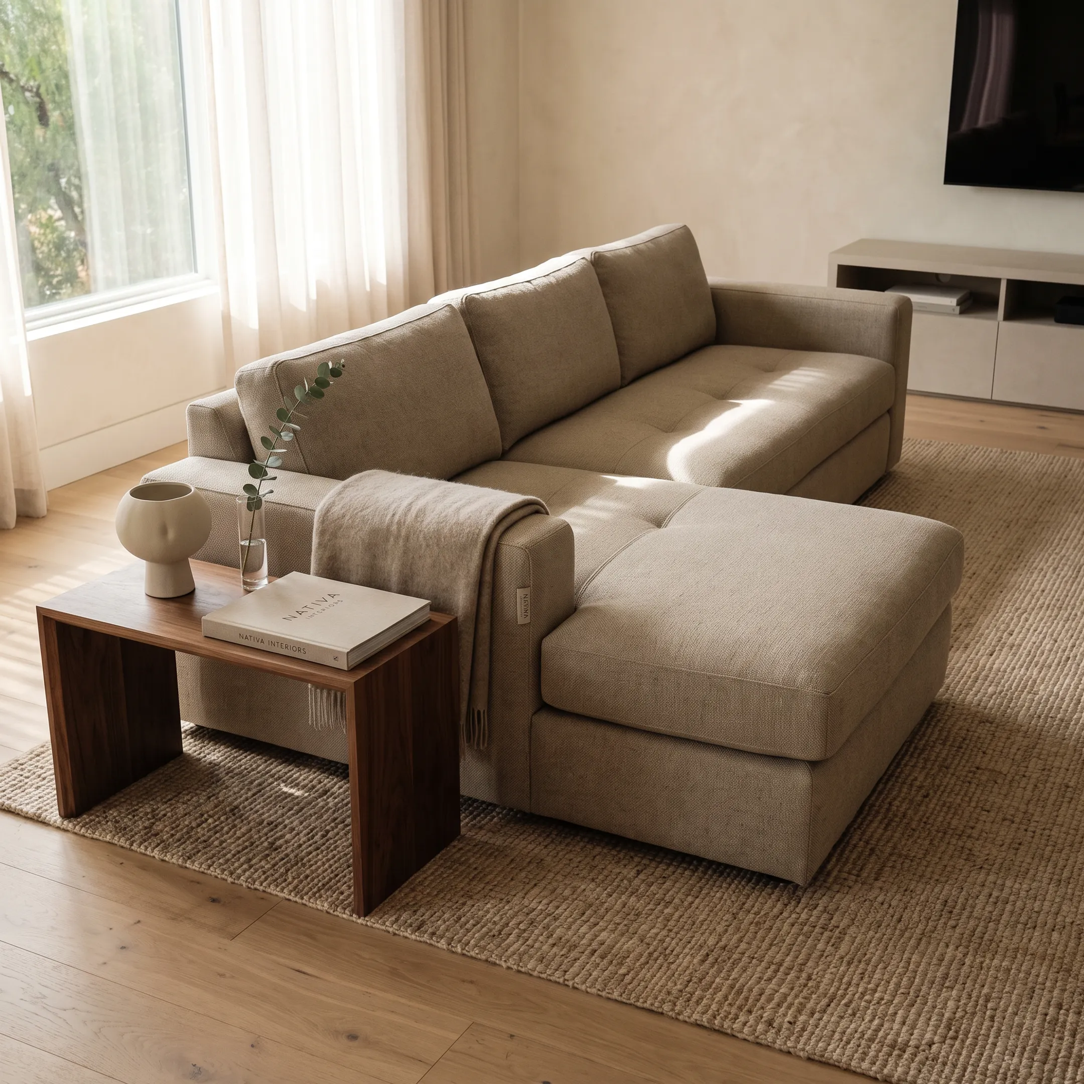 Luxury contemporary living space showcasing handcrafted designer furniture and custom leather sofa