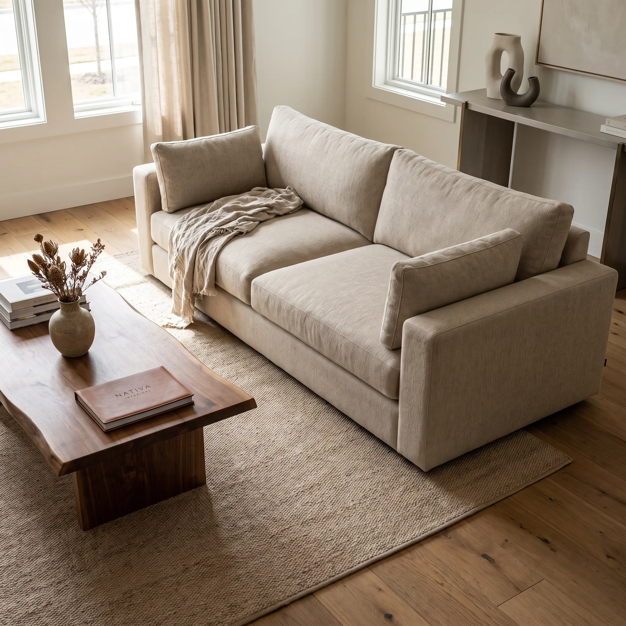 Modern living room featuring a custom upholstered sectional sofa