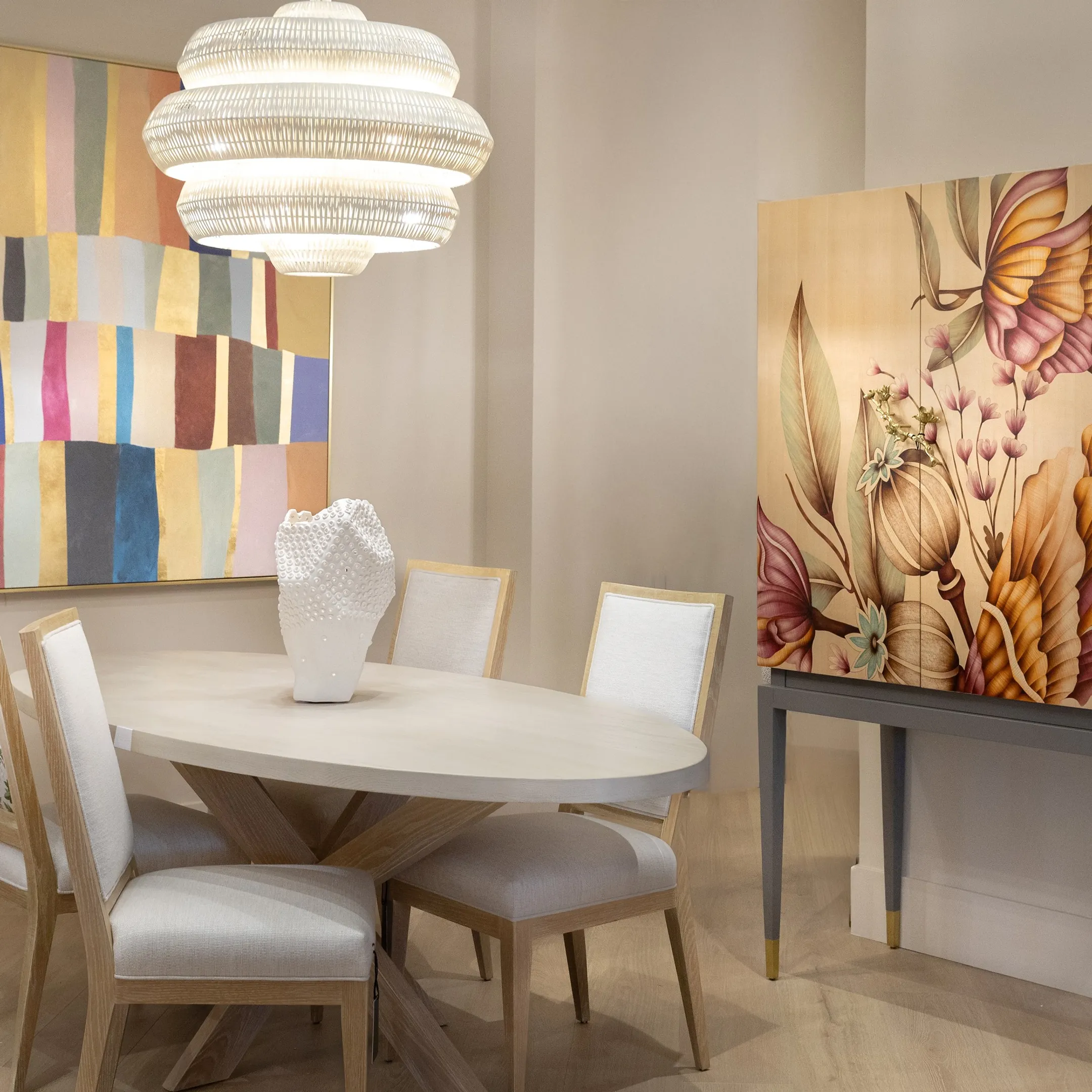 Luxury furniture and home decor display at Nativa Interiors showroom in Newport Beach CA