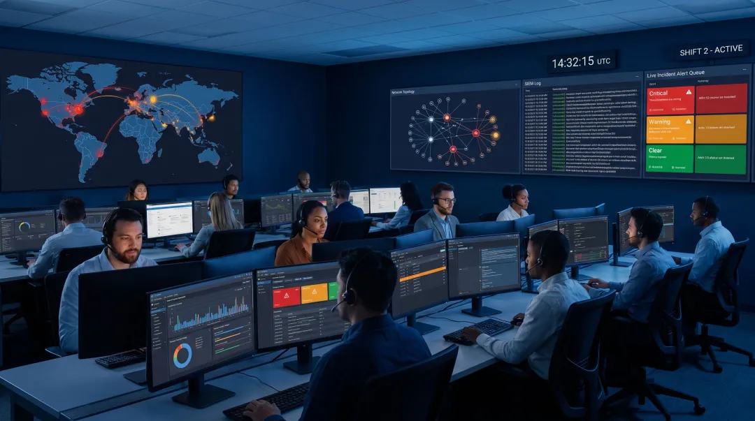 Managed detection and response SOC analysts monitoring cybersecurity threats in real time