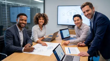 Vendor-agnostic IT procurement team reviewing hybrid cloud architecture and technology solutions