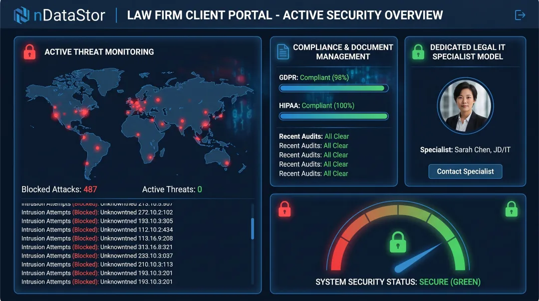 nDataStor cybersecurity dashboard showing 24/7 threat monitoring for law firm
