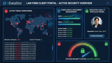 nDataStor cybersecurity dashboard showing 24/7 threat monitoring for law firm