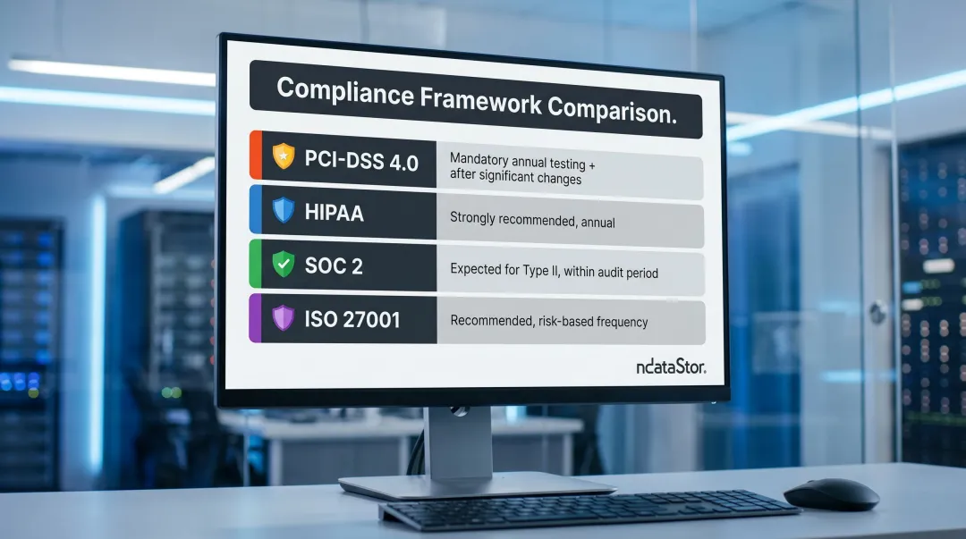 Four major compliance frameworks pen testing requirements and frequency comparison chart