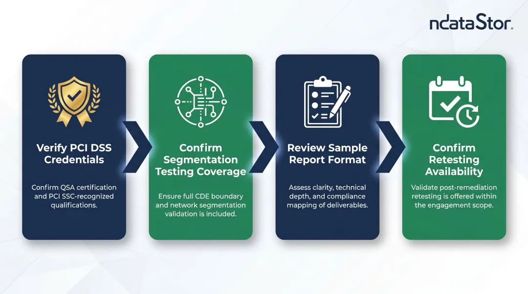 Four-step PCI DSS penetration testing vendor evaluation framework selection criteria infographic
