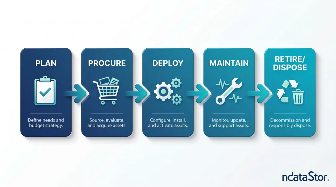 5-stage IT asset lifecycle process flow from plan to disposal