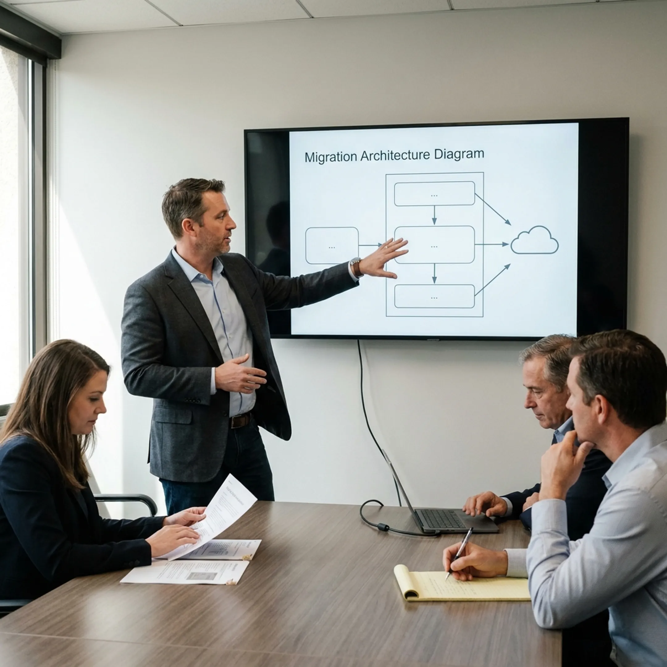 Technology consultant reviewing SharePoint migration architecture with a business team