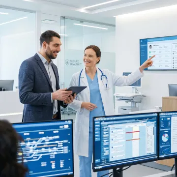 Healthcare IT advisor reviewing systems with clinical staff