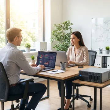 Cybersecurity consultant reviewing small business network security