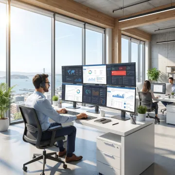 IT professional monitoring business systems in an office