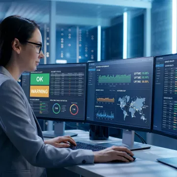 Technician reviewing IT monitoring alerts and system health