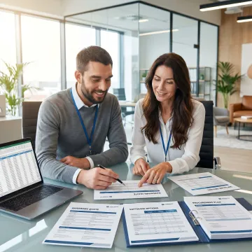 IT procurement consultant reviewing technology options