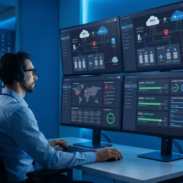 Engineer reviewing secure cloud infrastructure for compliance