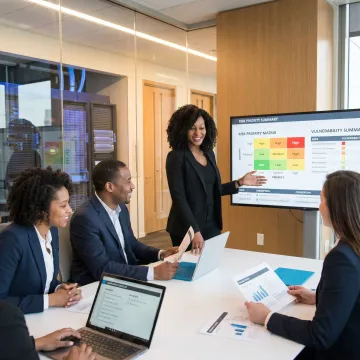 Consultant presenting cybersecurity audit findings to business team