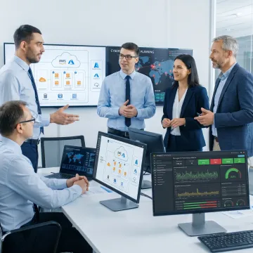 Business IT team reviewing cloud and security strategy